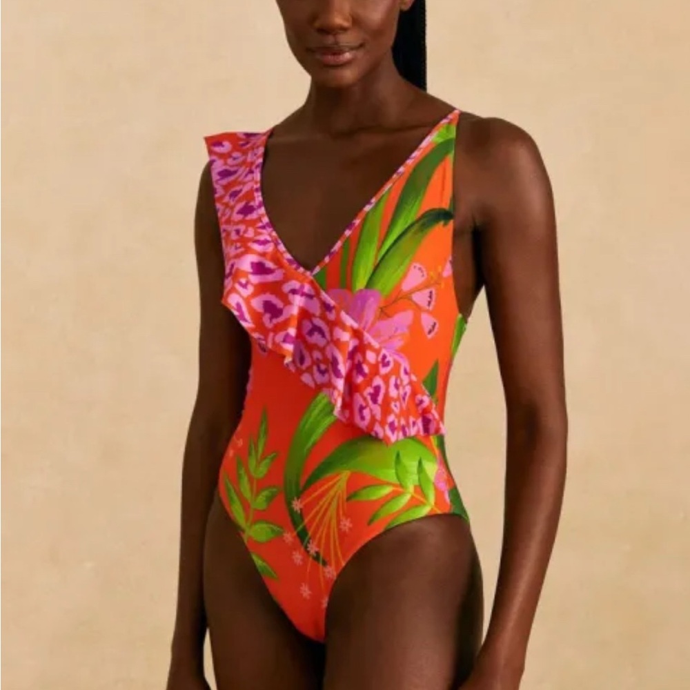 FARM Rio Orange One-Piece with Pink Floral Ruffle